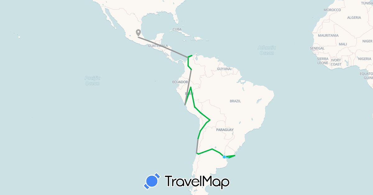 TravelMap itinerary: driving, bus, plane, boat in Argentina, Bolivia, Chile, Colombia, Mexico, Peru, Uruguay (North America, South America)